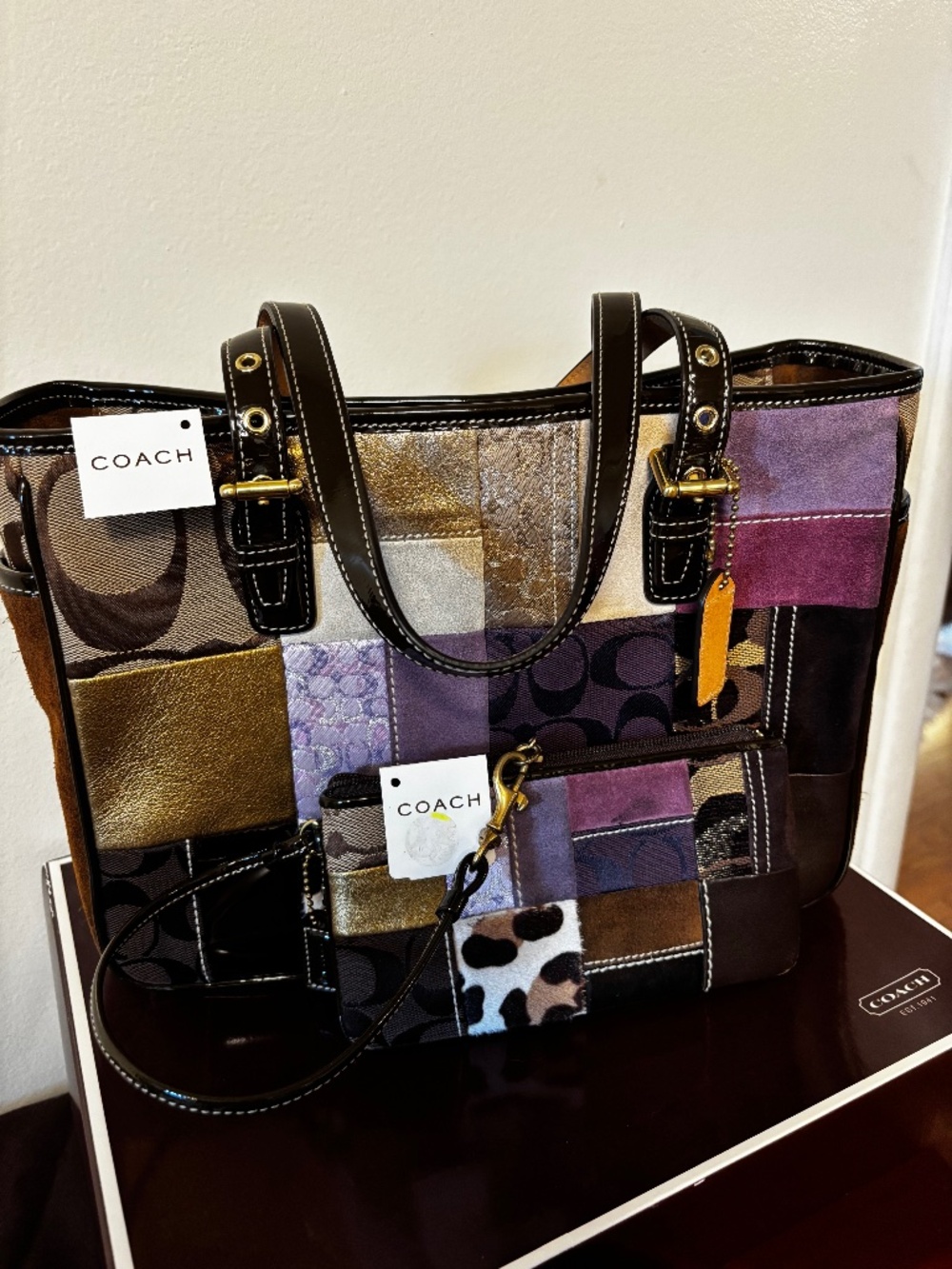Coach Holiday Patchwork Patent Trim Tote Bag with Wristlet and cleaning kit
